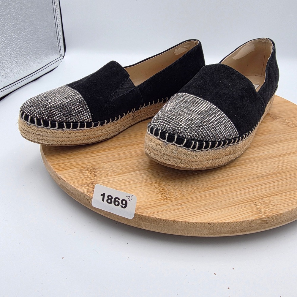 Steve Madden Pulsse Black Suede Rhinestone Cap Toe Espadrille Flats Womens 7B